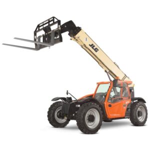 A yellow JLG telehandler with a telescopic boom lifts a metal basket carrying workers and materials on a white background. The telehandler has large wheels and a wide stance for stability.