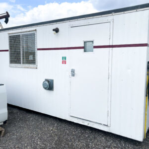 A white 18' x 8' job shack on a white background. This mobile unit provides temporary office or storage space for construction sites.