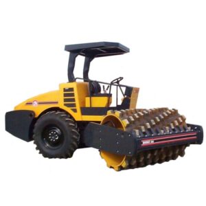 A yellow and black pad foot compactor 66" on a white background. Pad foot compactors, also sometimes called sheep's foot compactors, are used to compress cohesive soils like clay or loam. They have a smooth drum like a smooth drum compactor, but also have flat extensions named "pad feet" that protrude from the drum. The pad feet press into the soil, creating pockets for air and water to escape and promoting deeper compaction. This compactor has a yellow exterior with black tracks, a large steel drum, and pad feet. The text "SD77F" is also visible on the side of the compactor.