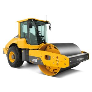 A yellow and black Volvo smooth drum compactor 66" on a white background. Smooth drum compactors are used to compress soil, asphalt, and other materials to create a level and stable surface. This Volvo compactor has a large steel drum that vibrates as it rolls over the material, compacting it evenly. The text "10 D" and "01701" is also visible on the side of the compactor.