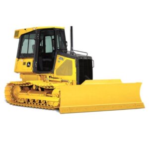 A yellow John Deere 550 dozer with a large blade attachment on a white background. Dozers are powerful tracked vehicles used for pushing large amounts of dirt or other materials. This John Deere dozer has a yellow exterior with black tracks and a large blade at the front. There are markings on the side that include "John Deere" and "550".
