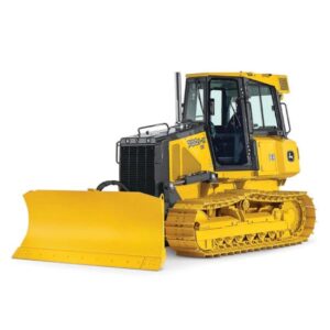 A yellow John Deere 700 dozer with a large blade attachment on a white background. Dozers are powerful tracked vehicles used for pushing large amounts of dirt or other materials. This John Deere dozer has a yellow exterior with black tracks and a large blade at the front. There are markings on the side that include "John Deere" and "700". pen_spark
