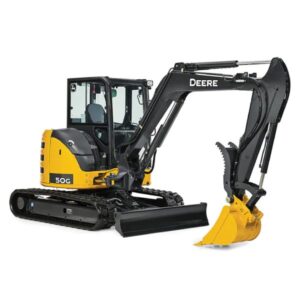 A yellow Deere 50 Series mini excavator with a black rubber track and a yellow bucket attachment on a white background. The excavator sits on a slight angle. There are markings on the side that include "John Deere" and "50G".