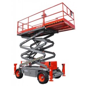 A red and gray scissor lift on a white background. Scissor lifts are aerial work platforms with a folding mechanism that extends the platform vertically. This scissor lift has a platform with guard rails to provide a safe working area for workers.