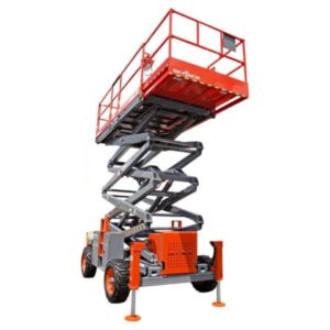 A red rough terrain scissor lift on a white background. Rough terrain scissor lifts are designed for use on uneven or off-road surfaces. This scissor lift has a wide base for stability and large tires for increased ground clearance. The scissor mechanism expands vertically to elevate a platform with guardrails to a desired working height.