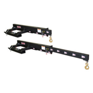 A black Haugen forklift jib attachment with a hook and forks on a white background. The jib attachment extends the reach of a forklift for lifting and carrying materials.