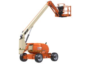 An orange JLG cherry picker on a white background. The cherry picker has a telescoping boom that can be extended and rotated to reach different heights and work areas. A basket is attached to the end of the boom to carry workers and materials.