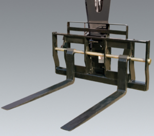 An black swing carriage attachment for a telehandler on a white background. The swing carriage allows the telehandler to rotate its forks or other attachments to the left and right, providing more flexibility when placing or picking up materials in tight spaces.