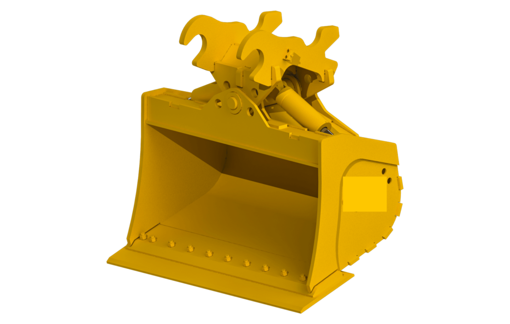 yellow hydraulic wrist bucket attachment for an excavator on a white background. Wrist buckets allow for tilting the bucket angle while the arm is extended, providing more digging flexibility and precision. This wrist bucket has a curved steel body with a smooth cutting edge and a tilt mechanism at the connection point to the excavator arm.