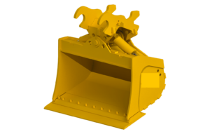 yellow hydraulic wrist bucket attachment for an excavator on a white background. Wrist buckets allow for tilting the bucket angle while the arm is extended, providing more digging flexibility and precision. This wrist bucket has a curved steel body with a smooth cutting edge and a tilt mechanism at the connection point to the excavator arm.