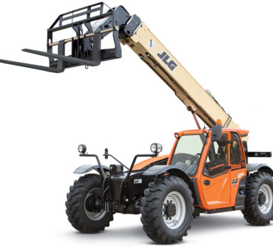JLG 7,000 lb telehandler with extended boom and pallet forks on a white background, representing different types of telehandlers used for material handling.
