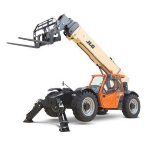 JLG 10,000 lb telehandler with extended boom and pallet forks on a white background, demonstrating what telehandlers are used for in material handling and construction.