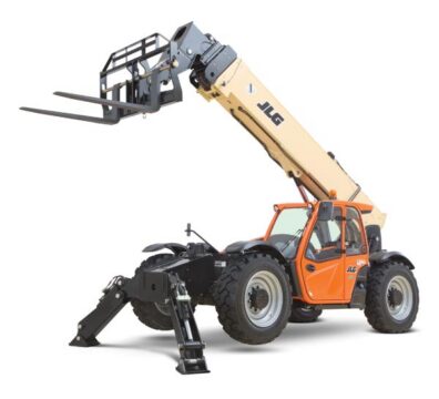 JLG 10,000 lb telehandler with extended boom and pallet forks on a white background, demonstrating what telehandlers are used for in material handling and construction.