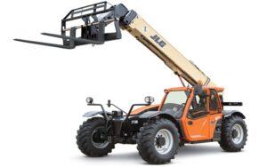 JLG 7,000 lb telehandler with extended boom and pallet forks on a white background, representing different types of telehandlers used for material handling.