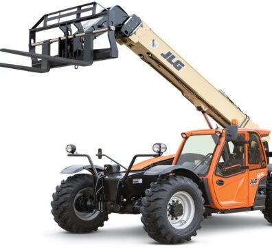 JLG 7,000 lb telehandler with extended boom and pallet forks on a white background, representing different types of telehandlers used for material handling.