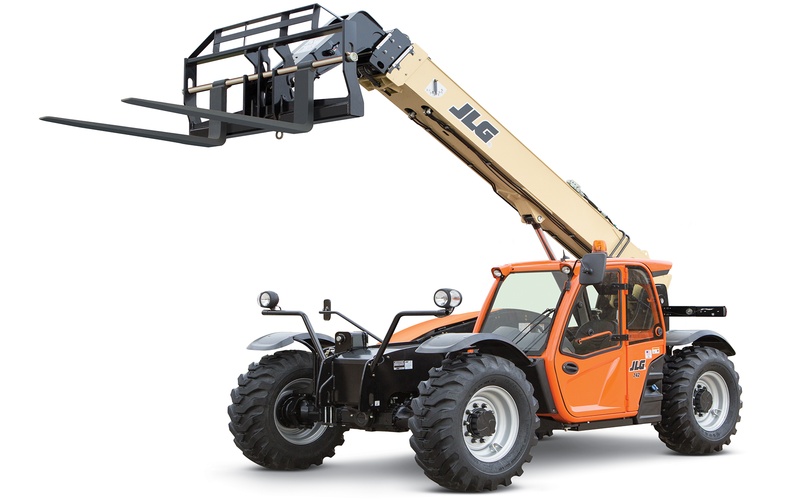 JLG 7,000 lb telehandler with extended boom and pallet forks on a white background, representing different types of telehandlers used for material handling.